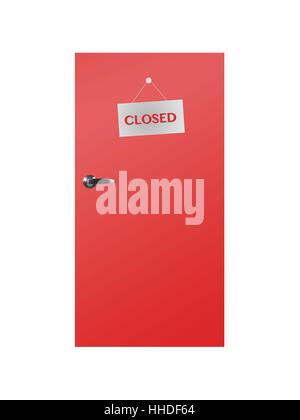 Eine konzeptionelle Holztür mit Zeichen isoliert auf weiss Stockfoto