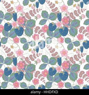 Pastell rosa braun nahtlose Muster mit einer Erdbeere, Blätter und Blüten (Vektor) Stock Vektor