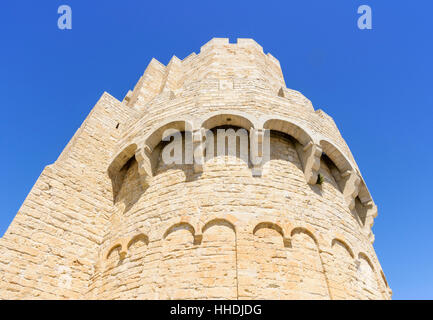 Detail von der befestigten Kirche von Saintes-Maries-de-la-Mer, Bouches-du-Rhône, Frankreich Stockfoto