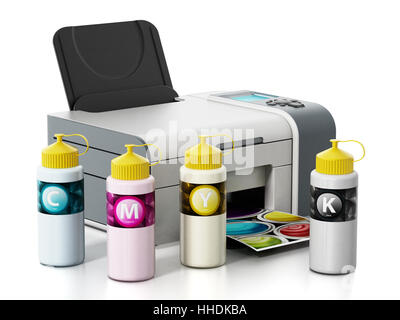 CMYK-Tinte füllen Flaschen und Tintenstrahldrucker isoliert auf weißem Hintergrund. 3D Illustration. Stockfoto