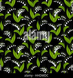 Vereinfachte Bild der Frühlingsblume. Maiglöckchen Blumen auf dunklem Hintergrund. Floral nahtlose Textur. Stock Vektor