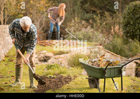 Paar Gartenarbeit machen Gartenarbeit Rechen Herbst Blätter Stockfoto