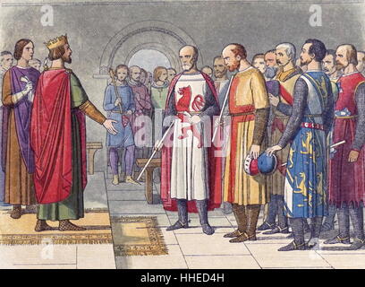 Heinrich III (1207-1272) König von England von 1216, seinem Parlament konfrontiert, die die Vertreibung seiner ausländischen Berater und die Ernennung eines englischen Grafen, Bischöfen und Baronen gefordert. Stockfoto