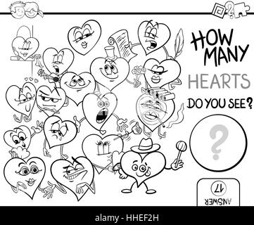 Schwarz / Weiß Cartoon Illustration zählen pädagogische Aktivitäten für Kinder mit Herzen in Liebe Valentinstag Figuren Malvorlagen Stock Vektor