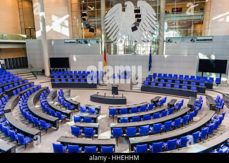 Leeren Plenarsaal der Bundesregierung, Deutscher Bundestag, Reichstagsgebäude, Interieur, Regierungsviertel, Berlin, Deutschland Stockfoto