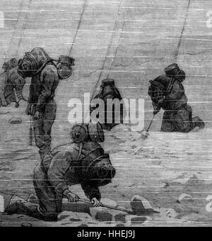 Abbildung von Tauchern, die Vorbereitung für den Abstieg während der Arbeit an Hell Gate Sprengung Felsen. Vom 19. Jahrhundert Stockfoto