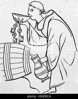 Holzschnitt drucken Darstellung ein Mönch holding Keys in den Keller. Er ist die Verkostung der Likör, als er die Kanne aus dem Fass füllt. Vom 15. Jahrhundert Stockfoto