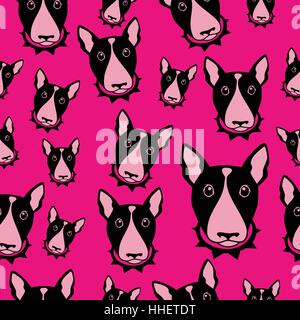 Glücklicher Hund Bullterrier schwarz-weiß Vektor Hintergrund. Nahtlose Muster. Stock Vektor