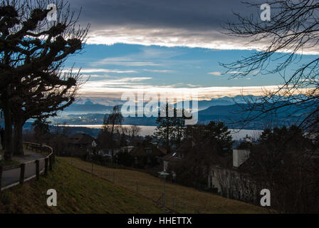 Ein Blick aus dem Zoo-Bereich in Zürich über den See und in den verschneiten Bergen Stockfoto