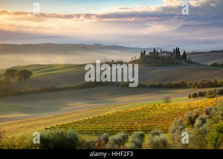 Sonnenaufgang über Podere Belvedere und die Landschaft des Val d'Orcia in der Nähe von San Quirico d'Orcia, Toskana, Italien Stockfoto