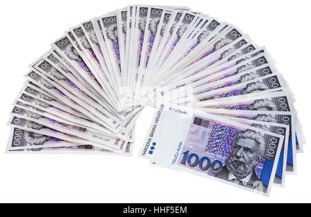 Haufen Sie kroatischen Banknoten 1000 Kuna isoliert auf weißem Hintergrund mit Beschneidungspfad Stockfoto