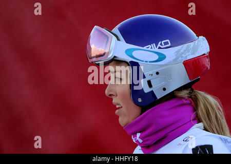 Garmisch-Partenkirchen, Deutschland. 19. Januar 2017. Garmisch-Partenkirchen, Deutschland. 19. Januar 2017. Lindsey Vonn aus den USA reagiert auf der Ziellinie von der Kandahar-Abfahrt in Garmisch-Partenkirchen, Deutschland, 19. Januar 2017. Vonn kam in Zehntel im Abfahrtstraining Damen. Bildnachweis: Dpa picture Alliance/Alamy Live News Stockfoto