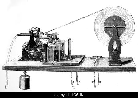 Morse Telegraph drucken, zeigt Übertragung Schlüssel und Papierrolle an das empfangende Gerät angeschlossen. Stockfoto