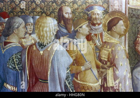 Die Verurteilung des hl. Laurentius, die der Kaiser Valerian (Detail). East Wall, Cappella Niccolina, Palazzi Pontifici, Vatikan. Fresko von Fra Angelico (c 1400-55) Italienische Maler. Die Verurteilung des hl. Laurentius, die der Kaiser Valerian ist die linke Hälfte der Fresco unter der Lünette an der östlichen Wand. Verschiedene Soldaten und Stadt Worthies stehen in einem Kreis vor dem Kaiser, wodurch ein Gefühl der Tiefe ohne die Unterstützung jeder konvergierenden orthogonals in den Vordergrund zu erstellen. Stockfoto