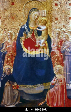 Jungfrau und Kind mit den Heiligen Dominikus und Katharina von Alexandria, Cappella Niccolina, Palazzi Pontifici, Vatikan. Fresko von Fra Angelico (c 1400-55) Italienische Maler. Im Jahre 1447, oder vielleicht früher, Fra Angelico wurde in Rom, wo er die private Kapelle von Papst Nikolaus V. mit Szenen aus dem Leben des Hl. Laurentius und des hl. Stephanus gemalt. - Fra Angelico. Datum: 1435. Medien: Tempera, Bedienfeld Stockfoto