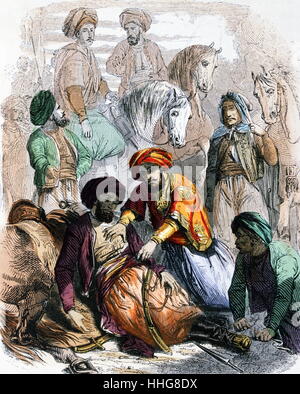 Ibrahim Pasha (ältester Sohn von Muhammad Ali) segnet Ein sterbender Soldat in Arabien 1818. Aquarell von der französische Maler Jean-Adolphe Beaucé (1818 - 1875). Ibrahim Pascha (1789-1848) die ägyptische Armee. Nachdem sein Vater wurde senile Ibrahim regiert Ägypten. Stockfoto