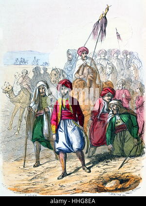 Ibrahim Pasha (ältester Sohn von Muhammad Ali) marschiert zu Fuß mit seinen Truppen in der Schlacht in Arabien 1818. Aquarell von der französische Maler Jean-Adolphe Beaucé (1818 - 1875). Ibrahim Pascha (1789-1848) die ägyptische Armee. Nachdem sein Vater wurde senile Ibrahim regiert Ägypten. Stockfoto