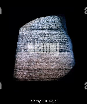 Der Stein von Rosetta ist ein Felsen Stele, 1799 gefunden, mit einem Dekret in Memphis, Ägypten ausgestellt eingeschrieben, in 196 v. Chr. im Auftrag von König Ptolemaios V. Das Dekret in drei Skripte angezeigt: Der obere Text ist Antike Ägyptische Hieroglyphen, der mittlere Teil ist Demotischen Skript, und die niedrigste der griechischen Antike. Weil es im Wesentlichen den gleichen Text in allen drei Scripts präsentiert, der Stein der Schlüssel zum modernen Verständnis der ägyptischen Hieroglyphen. Stockfoto