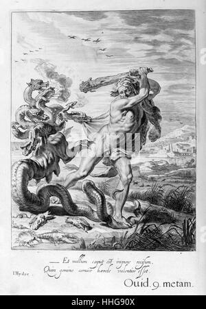 Herkules erschlägt die Hydra. Gravur von "Tableaux du Temple des muses" (1655) von Michel de Marolles (1600 - 1681), bekannt als der Abbé de Marolles; eine französische Kirchenmann und Übersetzer. Der vielköpfigen Hydra oder Hydra, war eine Serpentine Wasser Monster in der griechischen und römischen Mythologie. Die Höhle war der See von Lerna in der Argolid. In dem Mythos, das Monster wird von Herakles getötet, mit Schwert und Feuer, wie das Zweite seiner zwölf Arbeiten. Stockfoto