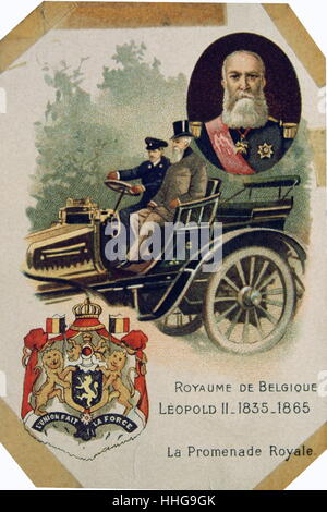 König Leopold II. von Belgien in ein Auto. 1895. Leopold II (9. April 1835 bis 17. Dezember 1909) war der zweite König der Belgier, für die Gründung und die Nutzung der Freistaat Kongo als Private Venture bekannt. In Brüssel als der zweite (aber älteste Überlebende) Sohn von Leopold I. und Louise von Orléans, die er seinem Vater auf den Thron am 17. Dezember 1865 gelang es, Regierende für genau 44 Jahre bis zu seinem Tod geboren. Dies war die längste Regierungszeit der Belgischen Monarch. Stockfoto
