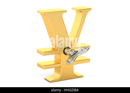 Goldene Yen-Symbol mit Aufzieh-Schlüssel, 3D rendering Stockfoto