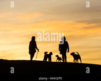 Hundebesitzer Sonnenuntergang den Winter auf Blackford Hügel, Edinburgh Stockfoto