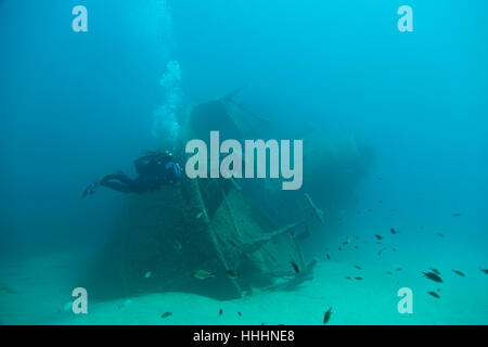 Unterwasser, Tauchen, Wrack, Tauchen, Sport, Salzwasser, Meer, Ozean, Wasser, Taucher, Stockfoto