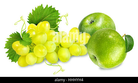 Äpfel und Trauben isoliert auf weißem, Nahaufnahme Stockfoto