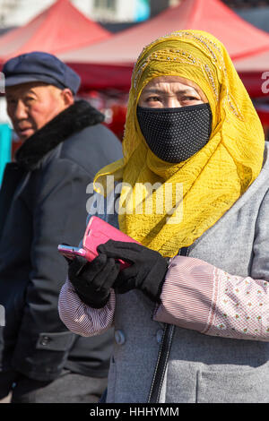 Ethnische chinesische Frau mit Handy, Yinchuan, Provinz Ningxia, China Stockfoto