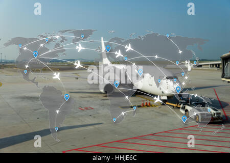 Karte von Flug Strecken Flugzeuge Netznutzung für weltweite Reisen, Import, Export, Logistik-Netzwerk-Konzept. Stockfoto