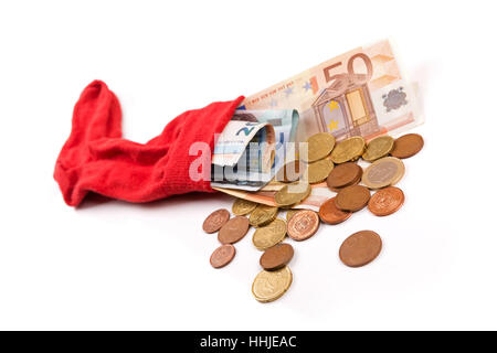 Geld sparen-Konzept - Socke voller Geld auf weiß Stockfoto