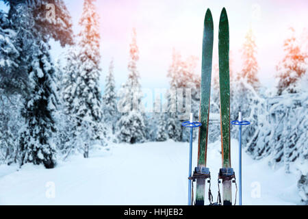 Snowy cross Country-Loipe mit Retro-Holz Ski und Skistöcke Stockfoto