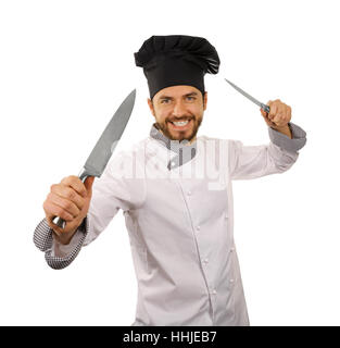 Chef-Koch mit Messern in Händen isoliert auf weißem Hintergrund Stockfoto