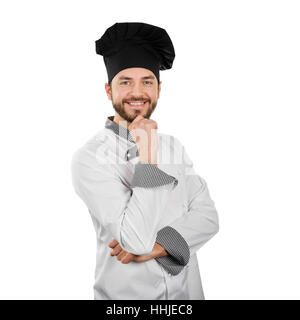 glücklich lächelnd Chef mit Hand am Kinn, isoliert auf weiss Stockfoto