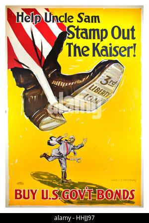 1918 original USA WW1 Propagandaplakat entworfen von Harry S. Bressler, für die Dritte Kampagne Liberty Bond ausgestellt Frühjahr 1918. Plakat zeigt mächtige Boot von Onkel Sam etwas komisch Ausrottung der Kaiser Wilhelm König von Preußen. Stockfoto