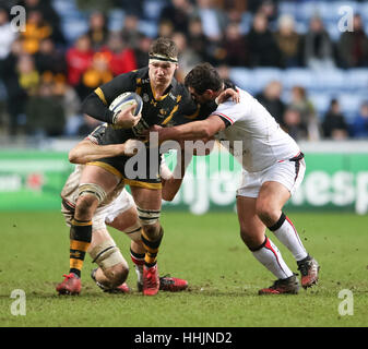 Wasps' Guy Thompson während des European Champions Cup, Pool zwei Spiel in der Ricoh Arena, Coventry. DRÜCKEN SIE VERBANDSFOTO. Bilddatum: Samstag, 14. Januar 2017. Siehe PA Story RUGBYU Wesps. Bildnachweis sollte lauten: Scott Heavey/PA Wire. Stockfoto