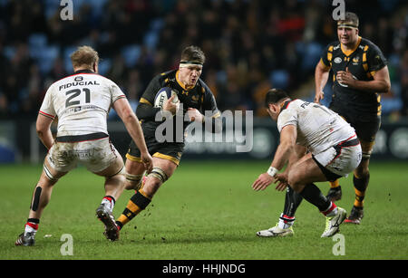 Wasps' Guy Thompson während des European Champions Cup, Pool zwei Spiel in der Ricoh Arena, Coventry. DRÜCKEN SIE VERBANDSFOTO. Bilddatum: Samstag, 14. Januar 2017. Siehe PA Geschichte RugbyU Wesps. Bildnachweis sollte lauten: Scott Heavey/PA Wire. EINSCHRÄNKUNGEN: Nur für redaktionelle Zwecke. Keine kommerzielle Nutzung. Stockfoto