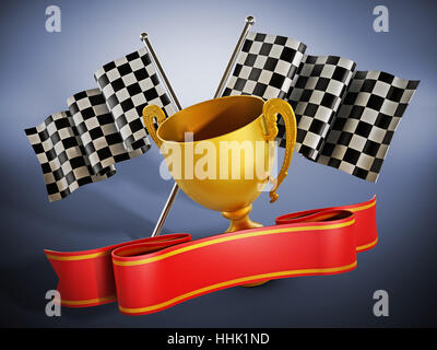 Gold Cup, karierte Flaggen und rotes Band. 3D Illustration. Stockfoto