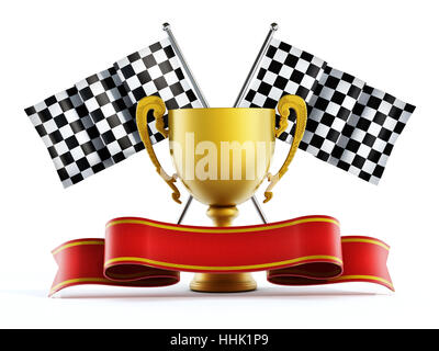 Gold Cup, karierte Flaggen und rotes Band. 3D Illustration. Stockfoto