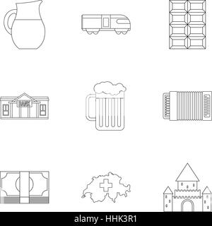 Urlaub in der Schweiz Icons Set, Umriss-Stil Stock Vektor