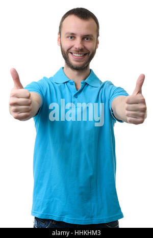 lächelnd, bärtiger Mann seinen Daumen nach oben zeigen. Isoliert auf weißem Hintergrund. Erfolg Stockfoto