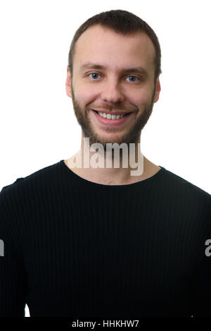 Porträt des bärtigen Mann mit toothy Lächeln hautnah. Isoliert Stockfoto