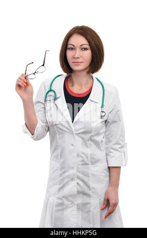 Charmante Frau Doktor mit Brille tragen einen Anzug-Arzt. Weiter hängt es ein Stethoskop. Das Mädchen ist völlig isoliert auf weißem Hintergrund. Stockfoto