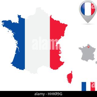 Frankreich Karte in Farben der Nationalflagge, Flagge, Marker und Lage der Hauptstadt Paris. Stock Vektor