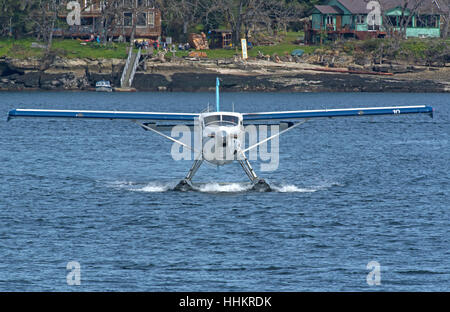 Harbour Air Wasserflugzeug nähert sich seiner anlegen Ponton in Nanaimo, Vancouver Island, BC Kanada. SCO 11, 684. Stockfoto