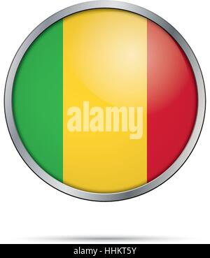 Schaltfläche "Vektor malische Flagge". Mali Flagge in Glas-Knopf-Stil mit Metallrahmen Stock Vektor