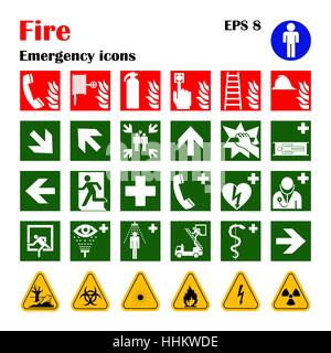 Vektor-Feuer Notfall Icons. Anzeichen für Evakuierungen. Stock Vektor