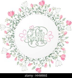 Frühling Hand zeichnen runden Rahmen mit sanften rosa Blüten, Blätter und Kräuter, botanische Vektor-Illustration. Hallo Frühling Einladungskarte. Stock Vektor
