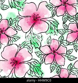 Vektor nahtlose handgezeichneten Blumenmuster. Blumenmuster mit rosa Blumen auf weißem Hintergrund. Aquarell Imitation und Tinte. Stock Vektor