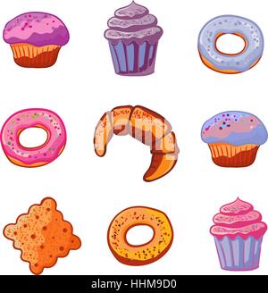 Satz von Süßigkeiten backen Produkte. Dessert-Ikonen flach Stil Muffin, Donut, Makronen, Eis, Dessert, Croissant, Cookie auf einem weißen Hintergrund Vektor-Illustration. Stock Vektor